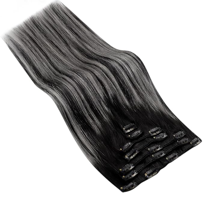 Ve Sunny Clip in Hair Extensions Black Hair Extensions Real Human Hair Silver Clip in Human Hair Extensions Balayage Human Hair Clip in Extensions Ombre Ease of Use 100g 7pcs 14inch