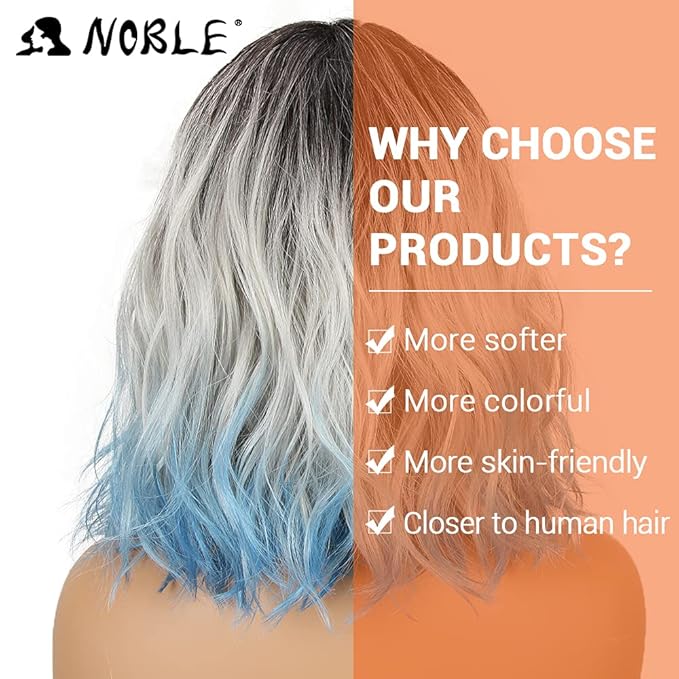 NOBLE Blue Wig with Bangs 12 Inches Short Bob Curly Wig Blue Wigs for Women Colorful Wavy Bob Wigs with Air Bangs Heat Resistant Synthetic Silver Blue Halloween Wigs for Cosplay Party