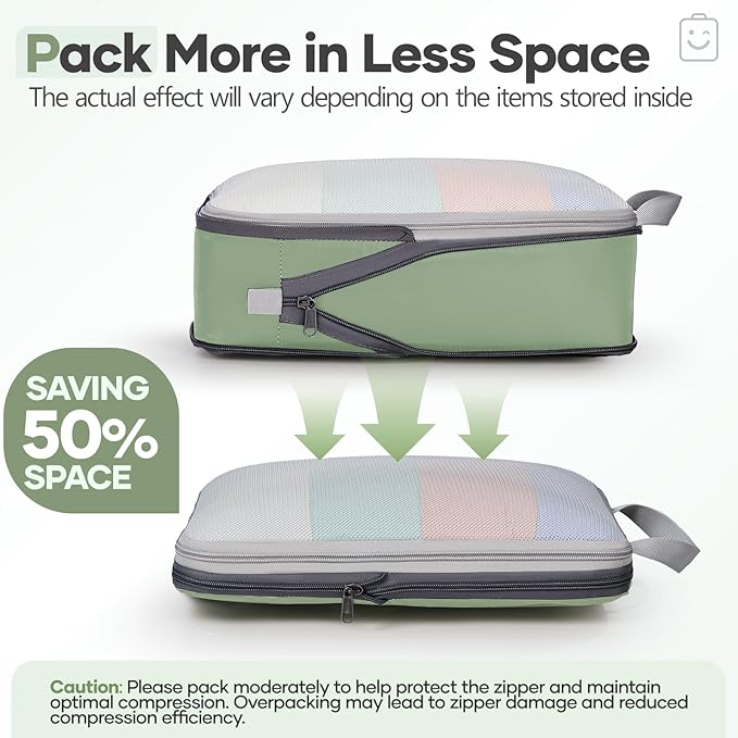 Veken 9/11 Set Compression Packing Cubes for Travel Essentials,Compressible Expandable Large Luggage Suitcase Organizer Bags for Clothing,Durable Space Saver Storage Bags(Matcha Green)