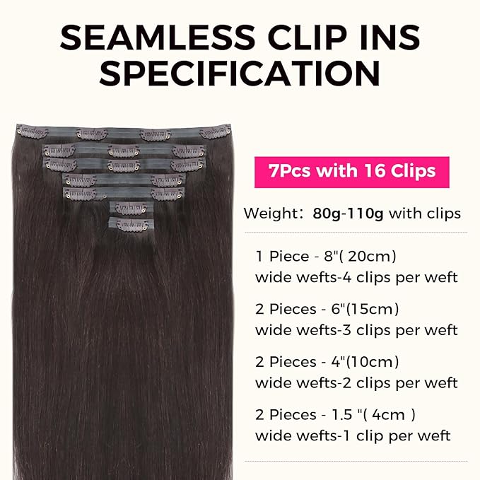 Lashey Seamless Clip in Hair Extensions Human Hair 7pcs 110g Straight Remy Hair, 18 Inch #2 Dark Brown Hair Extensions with PU Skin Weft for Women