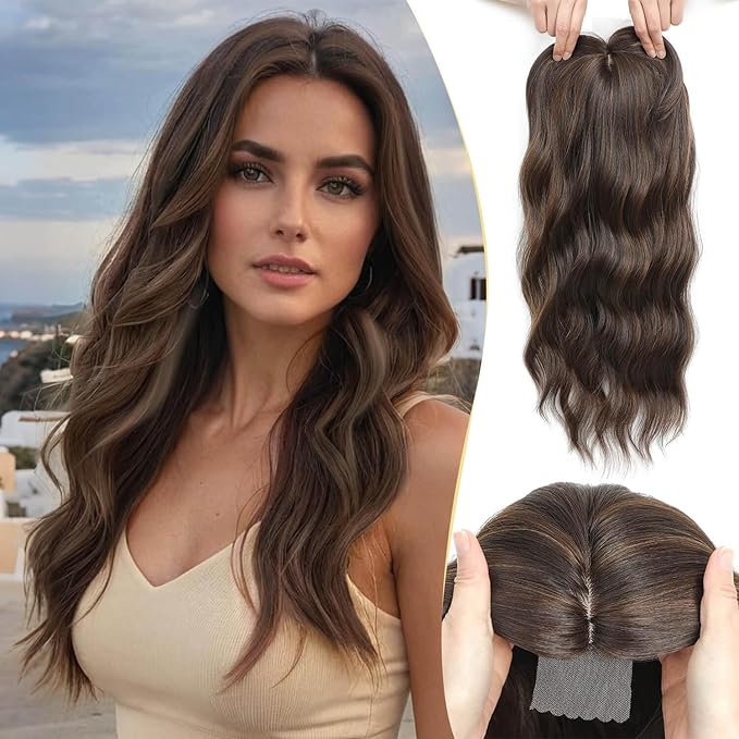 MORICHY Hair Toppers for Women Clip in Hair Topper with Bangs 20inch Medium Brown with Highlights Long Wavy Curly Synthetic HairPieces for Women