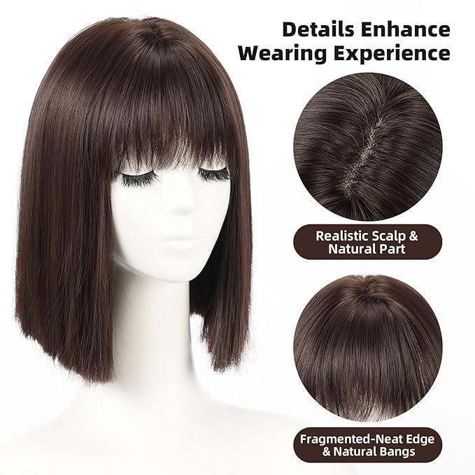Allbell Brown Wigs for Women Short Bob with Bangs Heat Resistant Synthetic Hair 12 inch for Daily Party Halloween Costume Use
