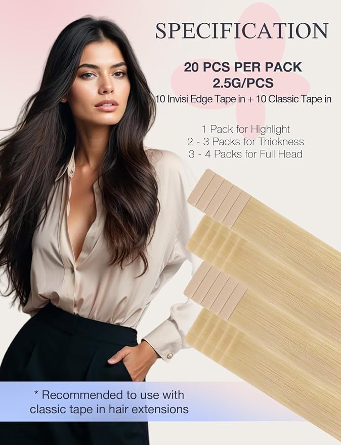 DOORES Invisi Edge Hair Extensions Real Human Hair Tape in, Drity Blonde Mixed Platinum Blonde 10 Injection Tape-ins with 10 Classic Tape-ins 50g 14 Inch, Injection Tape in Extensions