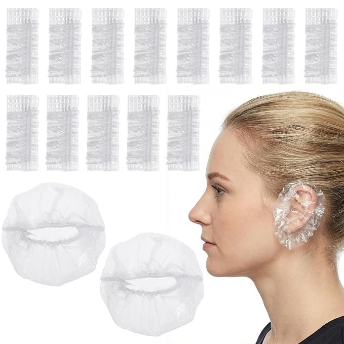100 Pcs Disposable Clear Ear Covers, Ear Covers for Hair Dye, Waterproof Plastic Ear Protectors, Flexible Universal Earmuffs for Shower, Hair Dye, Bathing, Spa and Beauty Treatments Accessories