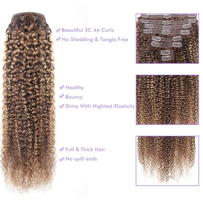 Curly Clip In Hair Extensions Real Human Hair Clip Ins Balayage Chocolate Brown to Caramel Blonde Human Hair Extensions 8Pcs with18clips 120g/Set (14 inch，#4/27/4)