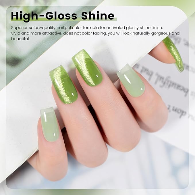 RARJSM Green Jelly Glass Gel Nail Polish Set 6pcs Clear Crytal Army Dark Jade Sage Green Transparent Sheer Amber Series Milky Diamond Cat Eye Gel Varnish LED UV Curing Requires