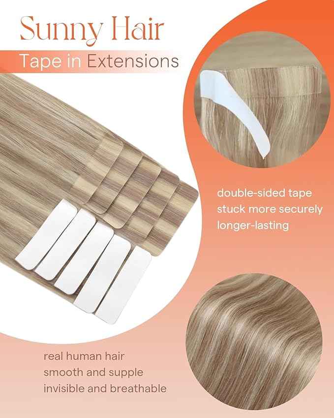 Sunny Hair Blonde Tape in Hair Extensions Human Hair Remy Hair Extensions Real Human Hair Tape in 18inch Human Hair Extensions Tape in 10Pcs 25g