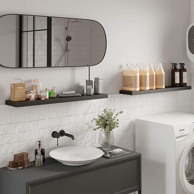 BAMEOS Floating Shelves, Black Wall Mounted Wooden Shelves with Invisible Brackets Set of 2,47 x 9