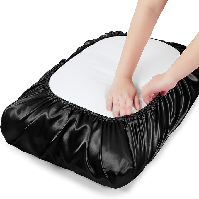 SiinvdaBZX Black Satin Pillowcase Standard/Queen Size Set of 2, Silky Travel Elastic Band Satin Pillow Case for Hair and Skin, Soft Portable & Fit for Various Pillow