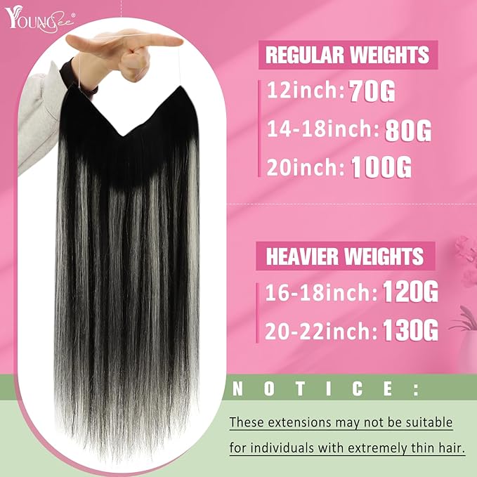 YoungSee 135G Wire Hair Extensions Ombre Black with Silver Hair Extensions Invisible Wire Black Ombre One Piece Hair Extension Real Human Hair 24Inch