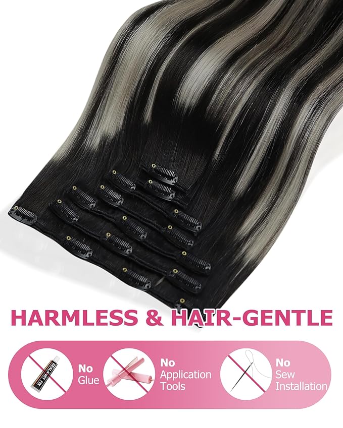 YoungSee Clip in Human Hair Extensions Black Ombre Clip in Hair Extensions Human Hair Balayage Black Mix Silver Real Human Hair Extensions Clip ins 120G 7Pcs 22Inch