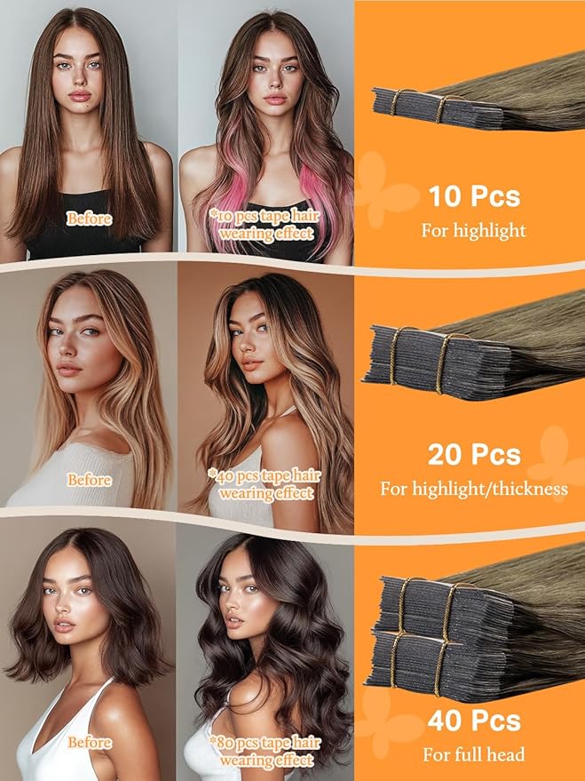 DOORES Hair Extensions Real Human Hair, Walnut Brown to Ash Brown and Bleach Blonde 10 Inch 60g 40pcs, Tape in Hair Extensions Human Hair Straight Remy Hair Natural