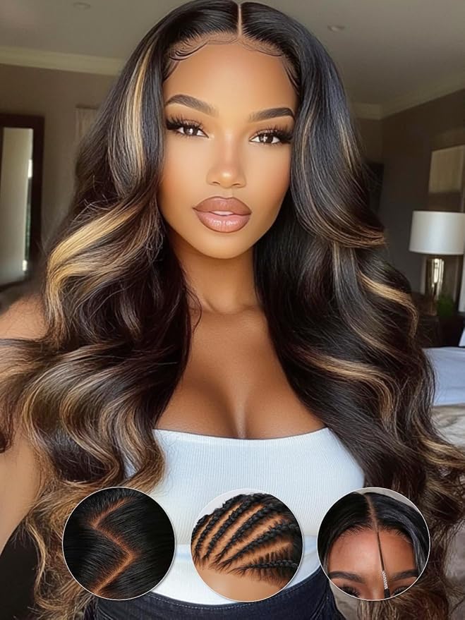 KLAIYI Bye Bye Knots Glueless Wig Human Hair 13x4 Balayage Highlight 3D Body Wave Precut Lace Front Wig with Baby Hair Black Mix Blonde Brown Pre Plucked Pre Bleached Knots Wig 30S Easy to Wear 24Inch