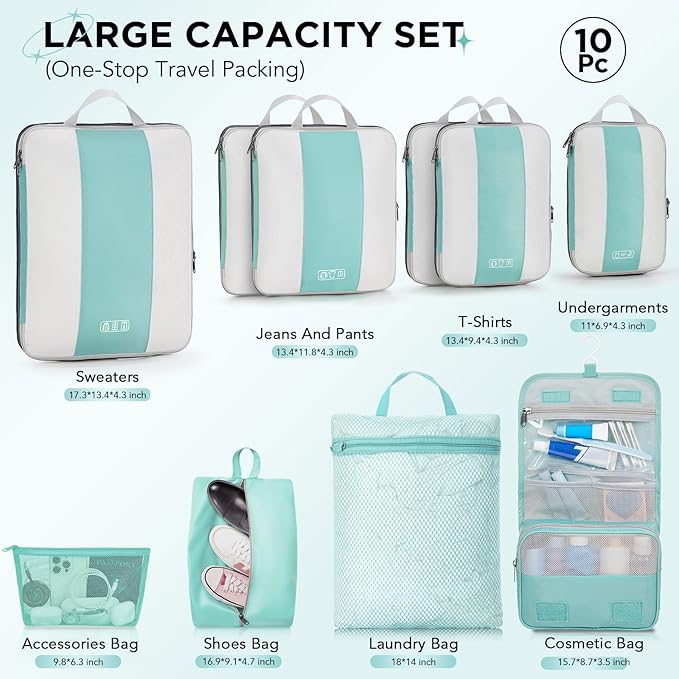 10 Set Compression Packing Cubes for Travel Essentials,Compressible Expandable Packing Cubes for Suitcase,OlarHike Luggage Organizer Bags for Travel,Handy Helper for Organizing Clothes(Cyan)