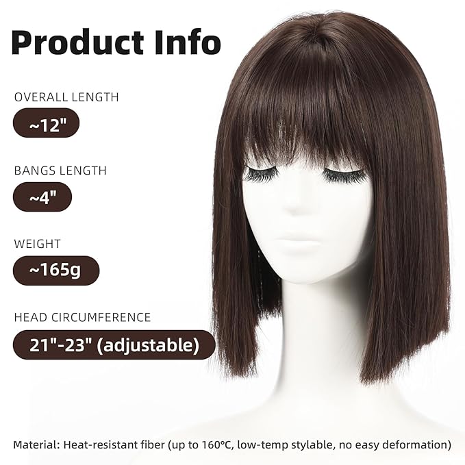 Allbell Brown Wigs for Women Short Bob with Bangs Heat Resistant Synthetic Hair 12 inch for Daily Party Halloween Costume Use