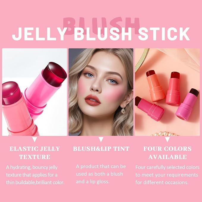 4 Pcs Jelly Blush Stick,Sheer Lip & Cheek Stain Makeup Cooling Water Jelly Tint, Multiple Use Long Lasting Jelly Texture Non-Stick Blush for Cheeks, Pigmented Waterproof Makeup Blush