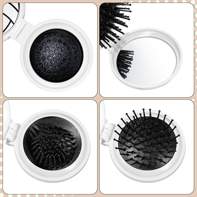 12 Pcs Volleyball Mini Detangler Brush, Folding Mirror Hair Brushes, Mini Travel Hair Brush, No Tangle Soft Flexible Bristles for Straight, Curly, Thick Hair for Volleyball Team Gift Sport Party