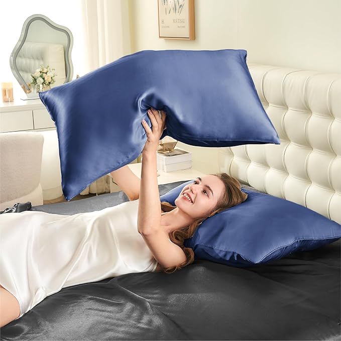 INFIIXSO Silk Pillow Cases 2 Pack Standard Size, Ultra Smooth & Soft Mulberry Silk Pillow Case for Hair and Skin, Breathable Cooling Silk Pillowcase with Hidden Zipper (Navy, 20x26 Inches)