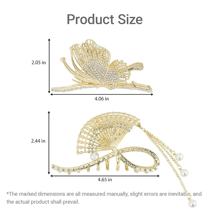 2PCS Gold Fan-Shaped Rhinestone & Pearl Hair Clips, Large Metal Claw Clips with Tassel, Elegant Hair Accessories for Women