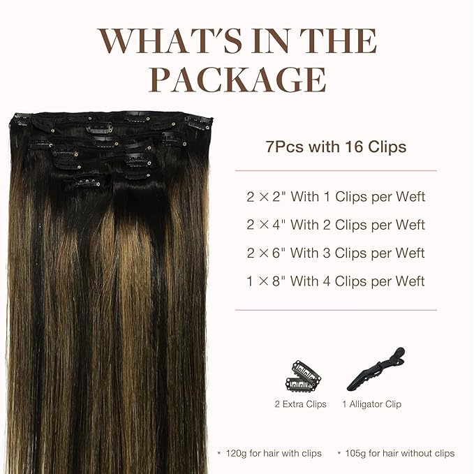 GOO GOO Clip in Hair Extensions Real Human Hair, Remy Human Hair Extensions Clip ins for Women, Natural Human Hair, 26inch 135g 7Pcs, 1B/6/1B Balayage Natural Black to Chestnut Brown