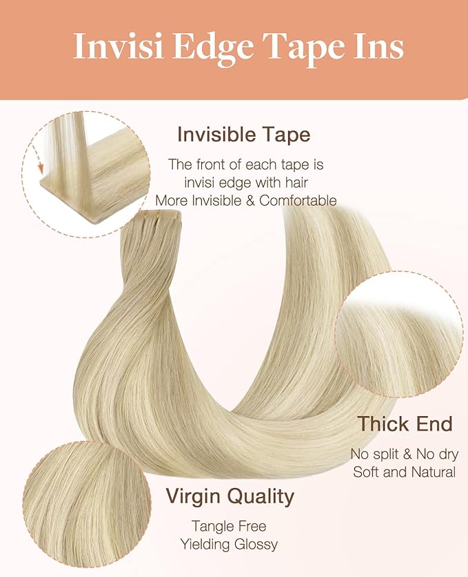 GOO GOO Invisi Edge Tape in Hair Extensions Human Hair, 18ET90A Natural Blonde Balayage 20pcs 16inch 50g, Virgin Remy Hair, Seamless Injected Tape, Natural Look