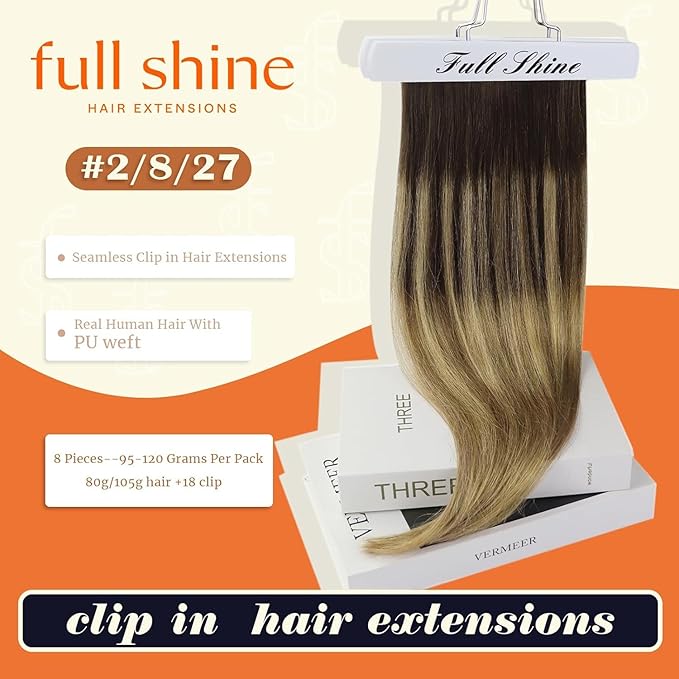 Full Shine Balayage Clip in Hair Extensions 16 Inch Ombre Dark Brown to Light Brown with Caramel Blonde Remy Human Hair with Thick Ends Clip ins 8 PCS 120 Grams