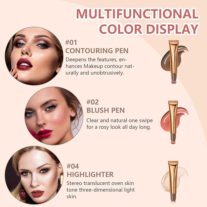 Liquid Contour Beauty Wand Set,Blush Liquid Contour Stick Highlighter Makeup With Cushion Applicator,Long Lasting Smooth Natural Matte Finish,Lightweight Blendable Super Silky Cream Sticks (01#02#04)