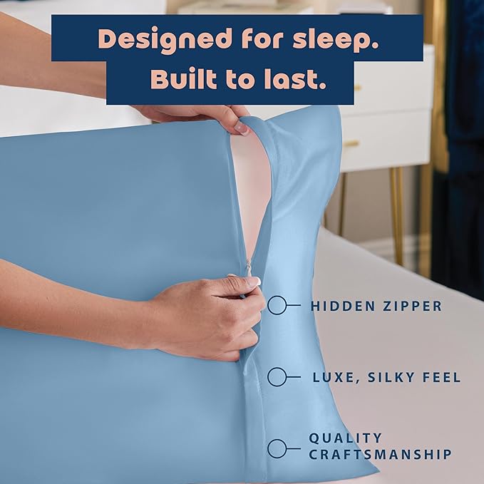 BLISSFORD Luxury Satin Pillowcase for Hair – Standard Satin Pillowcase with Zipper, Jewel Blue (Pillowcase Set of 2)