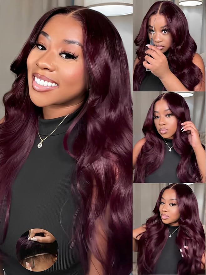 KLAIYI Black Cherry Loose Body Wave Bye Bye Knots Glueless Wig 7x5Precut Lace Front Wigs Human Hair Drawstring Pre Plucked Bleached 30S Ready to Wear and Go Wig with Face Framing Bangs Burgundy 24Inch