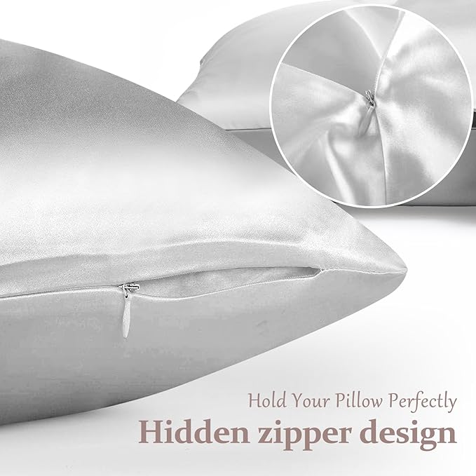 2 Pack 100% Pure Silk Pillowcase for Hair and Skin, Both Sides Mulberry Silk Pillowcases with Hidden Zipper, Cooling Pillowcase 19 Momme, 600 Thread Silk Pillow Cases Standard Size, Gray