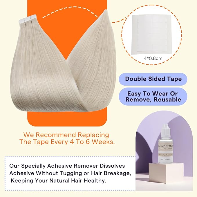 Full Shine Tape in Extensions Human Hair Color 1000 Blonde Remy Human Hair Extensions Tape Ins 20 Inch Invisible Seamless Tape in Hair Extensions 50g 20PCS Add Length