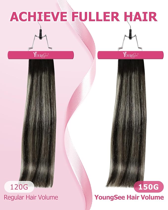 YoungSee Clip in Hair Extensions Real Human Hair Black Balayage Hair Extensions Clip ins Natural Black Roots Sliver Balayage Clip in Extensions Real Human Hair for Women 14Inch 120G 7Pcs