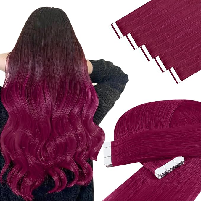 YoungSee Tape in Hair Extensions Magenta Tape in Extensions Human Hair Invisible Tapes Hair Extension Pinkish Red Tapeins Human-Hair Extension Short for Special Occasions 10Pcs 25G