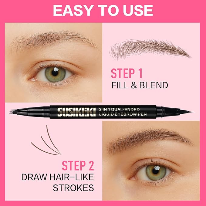 Dual Ended Microblading Eyebrow Pen - 2 in 1 Liquid Eyebrow Pencil with Brow-Fection Angled Brush & Precise Detail Brush-Tip, Shapes & Fills HairLike Looking Brows, Lasts All-Day, Soft Black