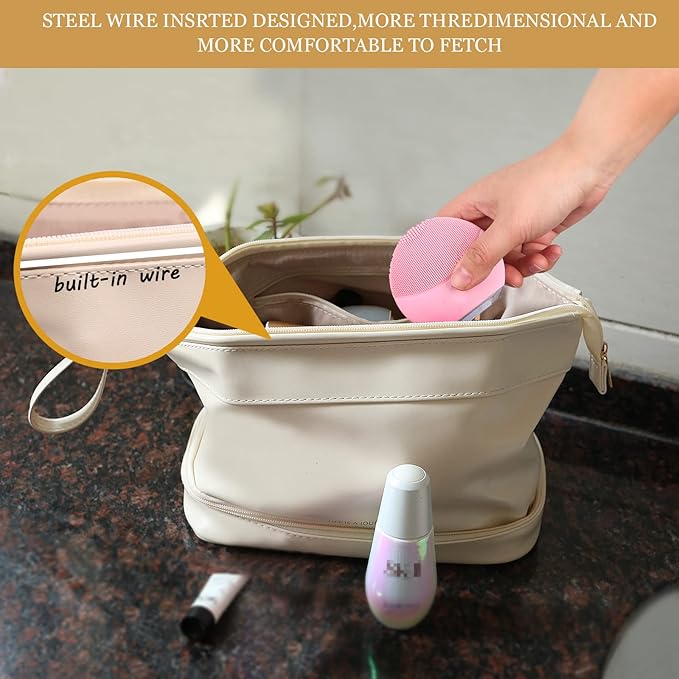 Abiudeng Large Capacity Makeup Bag Ladies Cosmetic Bag Travel Bag with Compartments Portable PU Leather Travel Makeup Bag with Handle