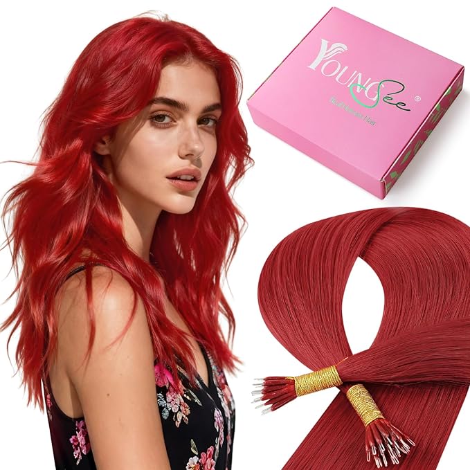 YoungSee Nano Hair Extensions Human Hair Red 18 Inch Nano Extensions Human Hair Colored Nano Ring Hair Extensis Red Nanobeads Hair Extensions Softness Cold Fusion for Festive Gatherings 25g 25s