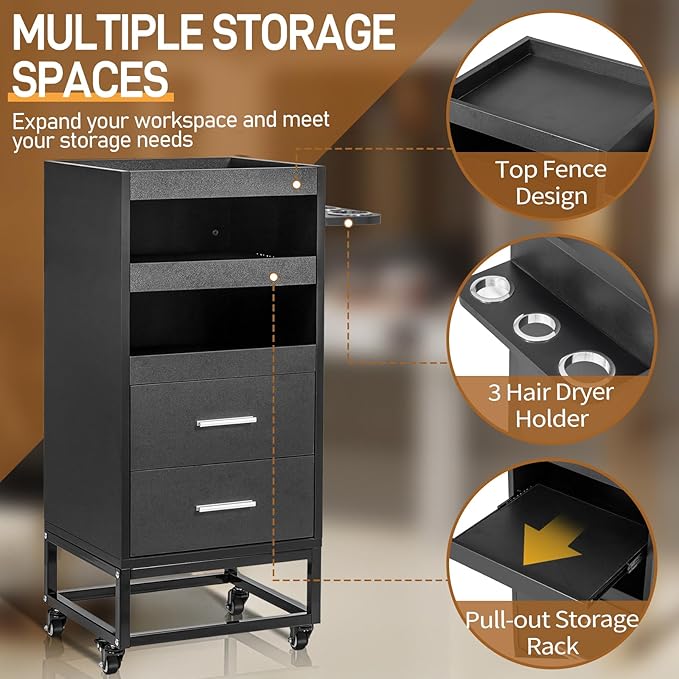 Winado Beauty Salon Trolley Cart, Rolling Hair Cart with Lockable Wheels, 2 Drawers, 3 Tool Holders, Mobile Makeup Organizer Station Cabinet for Hair Stylist Beauty Spa Barbershop, Black