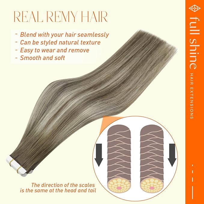 Full Shine Tape in Hair Extensions Human Hair Brown Roots Fading to Brown and Ice Blonde Balayage Straight Hair Extensions Tape in 16 Inch Double Sided Tape in Hair Extensions 50 Gram Remy Hair 20 Pcs