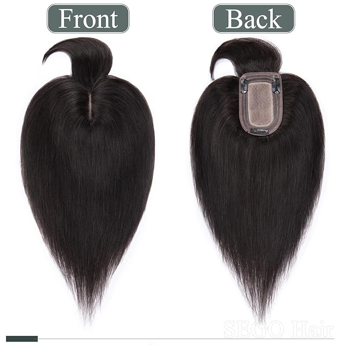 SEGO Hair Toppers for Women Real Human Hair with Thinning Hair, Toppers Hair Pieces Clip in Toppers Straight Hair Pieces with Front Bangs 150% Density Silk Base -6 Inch #1B Natural black