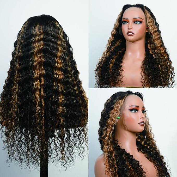 bangjazz 13x4 Deep Wave Lace Front Wigs Human Hair 180% Density Curly Lace Frontal Human Hair Wigs for Black Women #Fb/27 Human Hair HD Lace Wigs Black with Blonde Colored Lace Frontal Wig 16 Inch