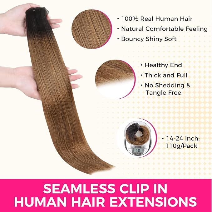 Lashey Seamless Clip in Hair Extensions Human Hair 110g 7pcs Light Yaki Straight Ombre Natural Black to Medium Auburn Clip in Hair Extensions with Invise Edge 22 Inch Remy Human Hair Extensions