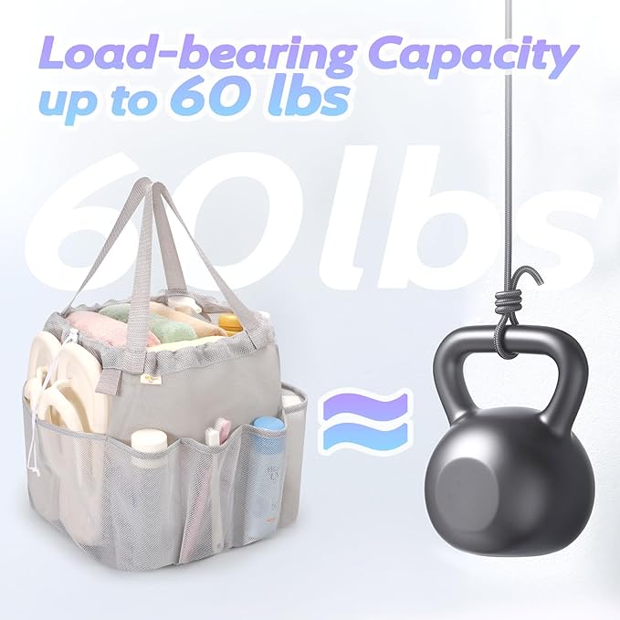 Mesh Shower Caddy Portable with Drawstring, Dorm Room Essentials for College Students, Grey Shower Bag for Camping,Swimming,Gym,Travel,Bathroom
