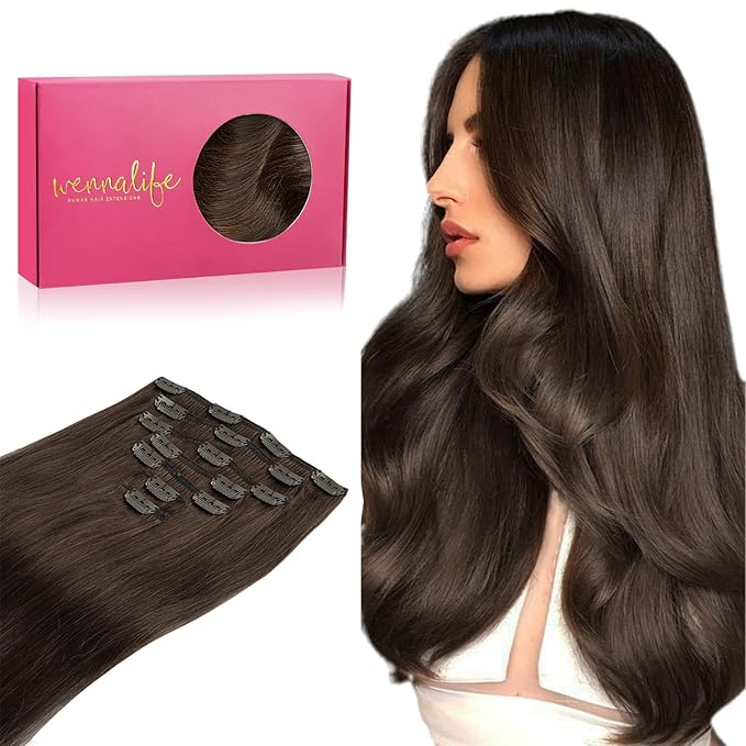 WENNALIFE Clip in Hair Extensions Real Human Hair, 14 Inch 120g 7pcs Remy Hair, Chocolate Brown Straight Natural Coloured Extensiones De Cabello Humano Con Clip Ins