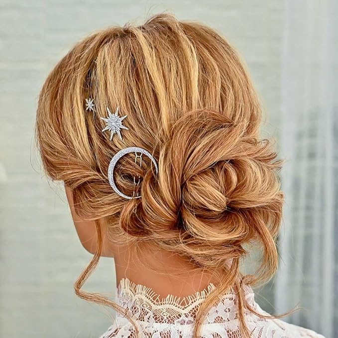 Bartosi Rhinestone Moon Hair Clips Silver Star Hairpins Crystal Decorative Bobby Pin Bride Wedding Hair Pins Side Clip Hair Accessories for Women and Girls (Pack of 3)