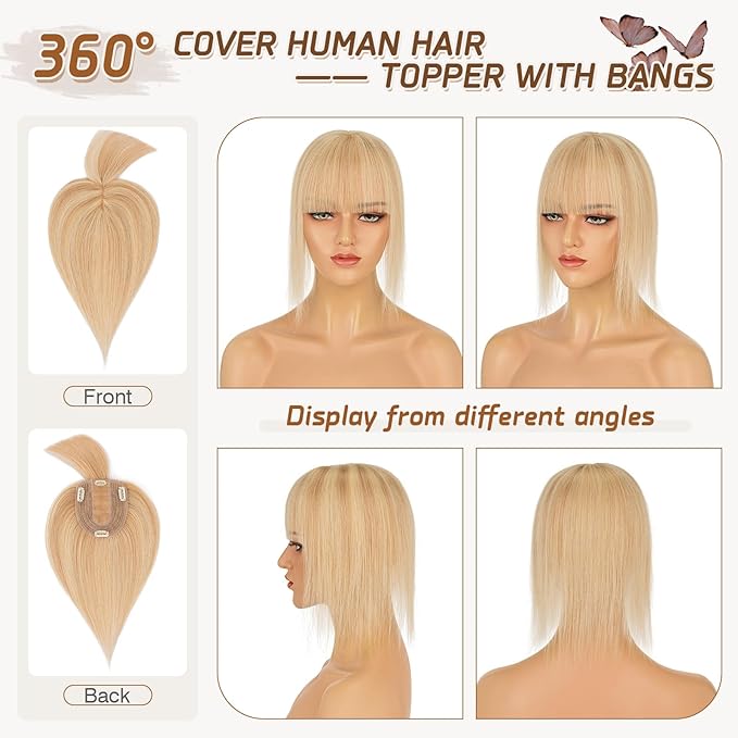 Rich Choices Real Human Hair Toppers for Women With Bang 100% Remy Human Hair Topper for Thinning Hair Clip in Silk Base Hair Topper 16 Inch #18P613 Ash Blonde Mix Bleach Blonde