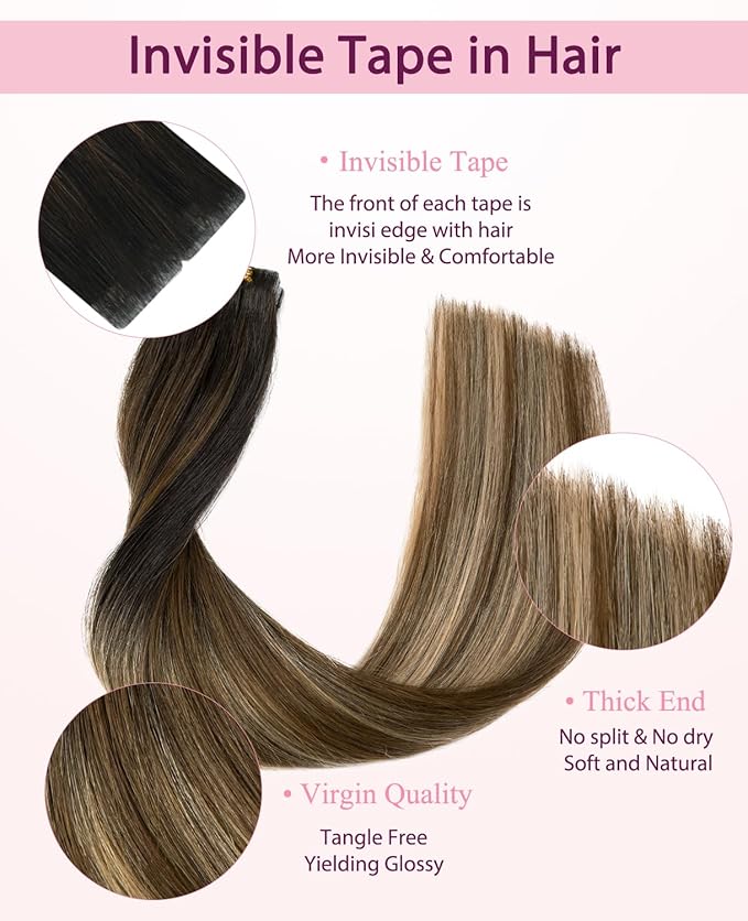 Pinkpearl Invisible Tape in Hair Extensions Human Hair, 20pcs 14inch 40g #1B/4/27 Balayage Natural Black to Chocolate Brown and Caramel Blonde Injection Tape in Extensions Remy Human Hair Injected
