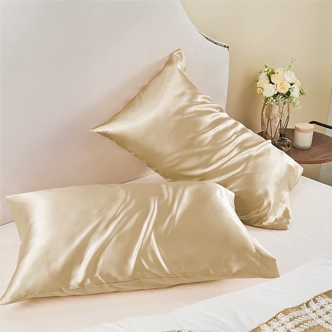 BEDELITE Satin Pillowcase for Hair and Skin, Super Soft and Cooling Similar to Silk Pillow Cases 2 Pack with Envelope Closure, Gift for Women Men(20"x26" Standard Size, Champagne)