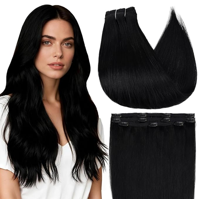 Full Shine 10 Inch Clip in Hair Extensions Jet Black Clip in Human Hair Extensions Straight Seamless Human Hair Clip ins for Thin Hair 3 Pcs 60 Grams