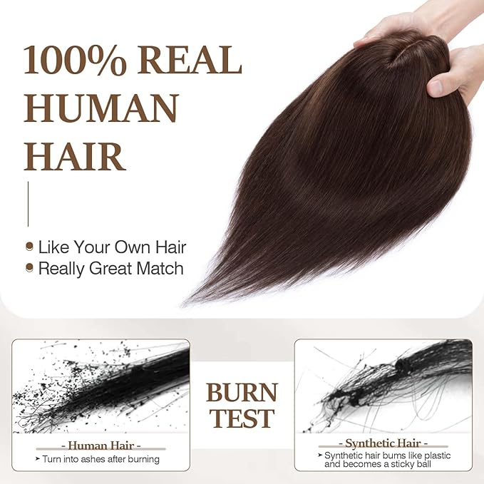 Rich Choices Hair Toppers for Women Real Human Hair 100% Human Remy Toppers NO Bangs for Women with Thinning on Top Clip in Hairpiece 4"x4.7"Lace Base 10 Inch #2 Dark Brown