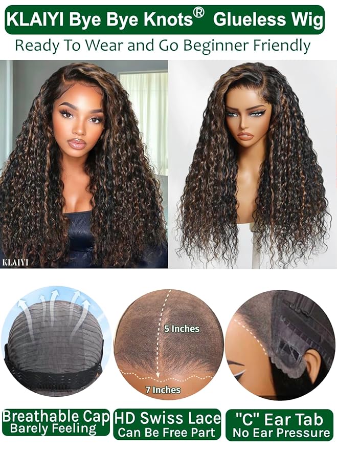 KLAIYI Golden Brown Water Wave Bye Bye Knots Glueless Wig Human Hair Highlight 7x5 Precut Lace Front Pre Plucked Bleached Ombre 3S Ready to Wear Go Beginners Wig with Dark Roots Deep Curly Wave 18Inch